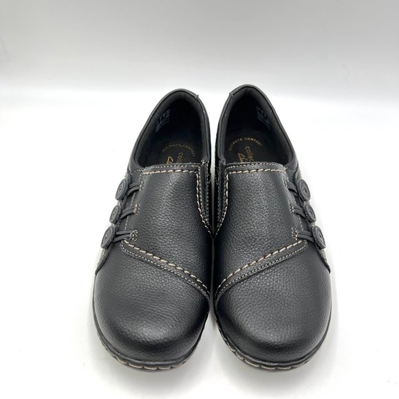6W 6 WIDE Clarks Ashland Effie Black Pebbled Leather Comfort Loafers Shoes - Picture 2 of 10